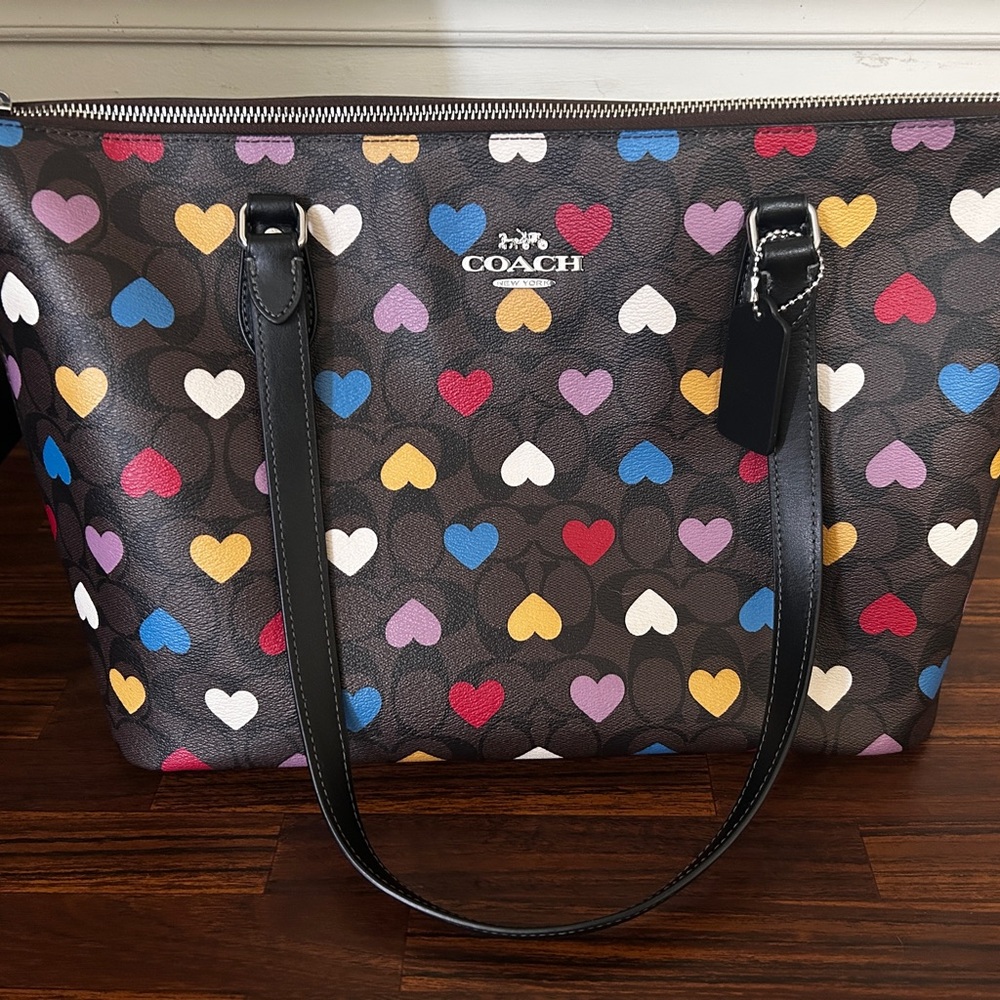 Coach Brown and Red Heart Pattern Tote